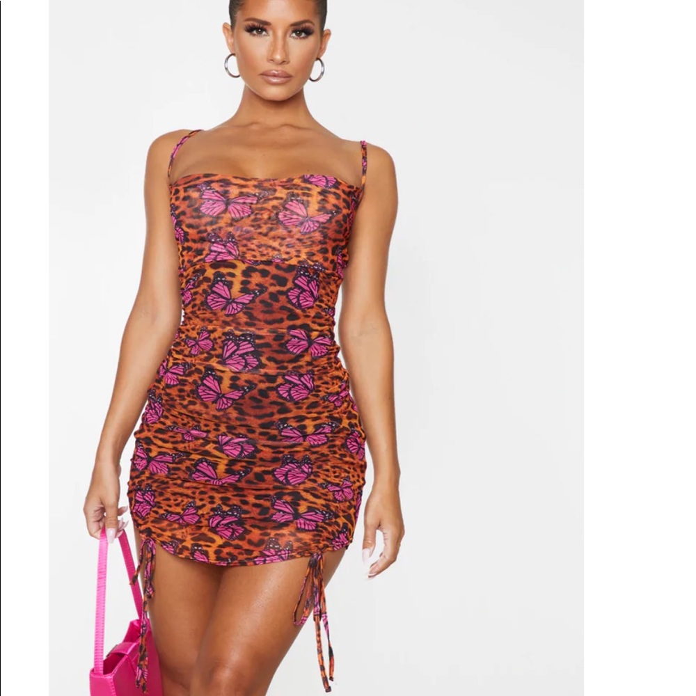 Leopard Butterfly Strappy Ruched Tie Hem Bodycon